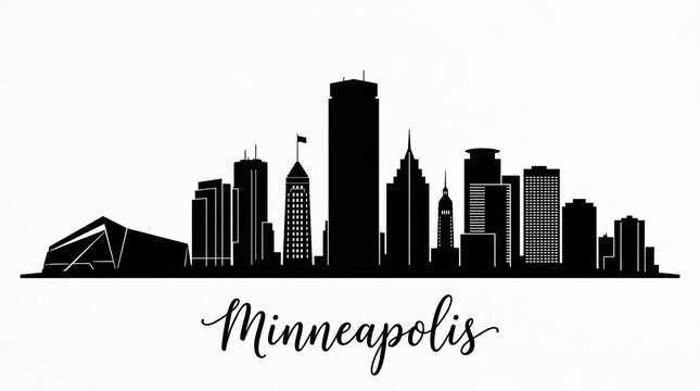 Silhouette skyline of Minneapolis including IDS Center and modern glass towers. Clean monochrome design, no people. Bottom: "Minneapolis" handwritten typography.