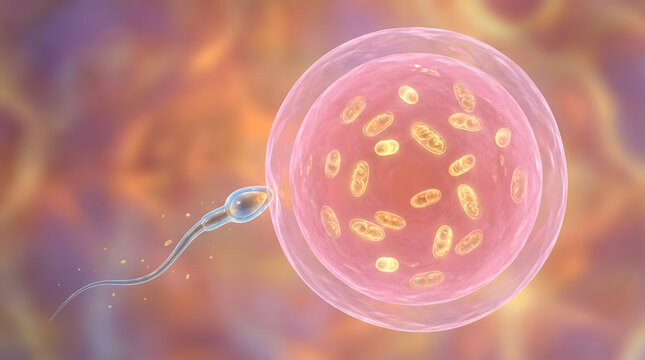 3D sperm egg fertilization mitochondria golden oval oocyte pink orange biology reproduction science