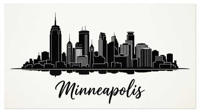 Silhouette skyline of Minneapolis including IDS Center and modern glass towers. Clean monochrome design, no people. Bottom: "Minneapolis" handwritten typography.