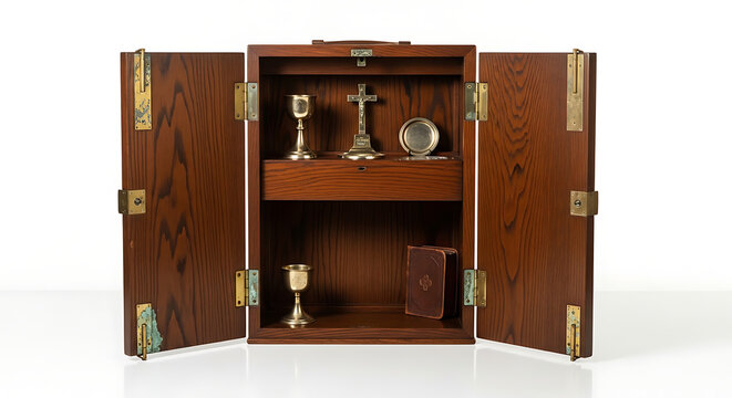 Antique Wooden Altar Cabinet with Chalice and Bible Isolated on White Background