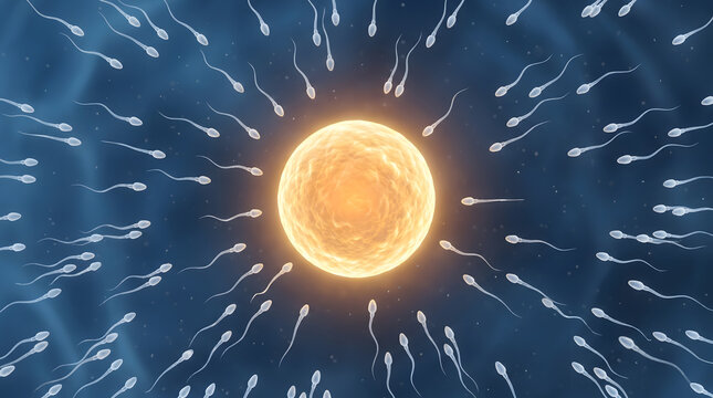 3D rendered multiple sperm cell swimming toward glowing golden egg dark blue background fertilization race