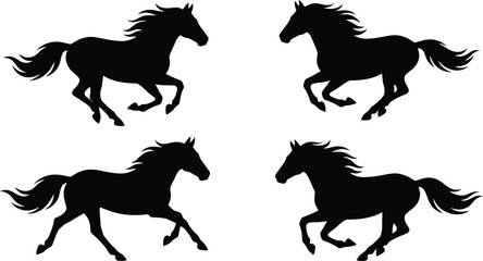 Four black vector horse silhouettes in mid-gallop with flowing manes and tails, a dynamic illustration © LOVEU