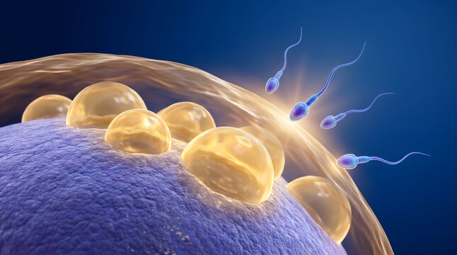 3D rendered close up sperm cell with glowing head approaching textured egg surface dark teal biology