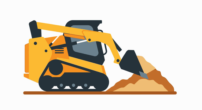 Yellow skid steer loader digging in sand isolated on white background