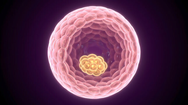 3D rendered blastocyst with pink bumpy trophoblast outer layer and golden inner cell mass purple background