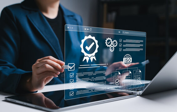 ISO certification and compliance audit management concept. Businesswoman reviewing checklists, approval documents, and quality verification, representing standards control and certification workflow.