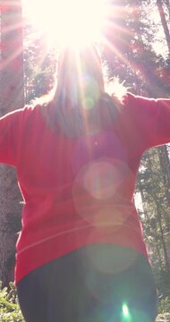 Young woman enjoys at beautiful sunset in pine forest mountain, slow motion, closeup of happy woman spreads her arms and bright sun, branches of the pine trees, season travel nature idyllic