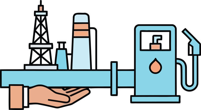 Energy industry concept with hand holding pipeline connected to oil pump and refinery