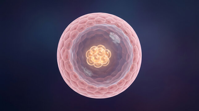 3D rendered blastocyst with textured pink trophoblast outer layer and golden inner cell mass dark background