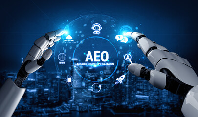 Obraz premium Futuristic Hands Interacting with AEO Answer Engine Optimization Concept Against a Dark City Background with Technological Icons and Graphics Fluxor.