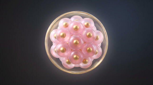 3D rendered morula embryo with pink transparent cell and golden nucleus inside golden zone on gray background