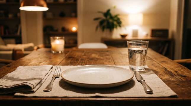 Elegant restaurant table setting with empty plate and ambient lighting