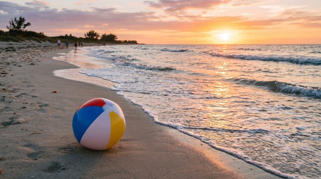 Beach sunset with colorful beach ball a tranquil coastal scene