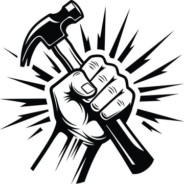 Black and white illustration of a fist holding a hammer with motion lines