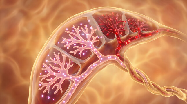 3D rendered placenta cross section angled view vascular structure glowing particle and blood vessel warm tone