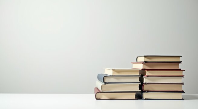 Many books stacked on top of each other on a table