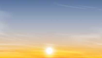 Naklejka premium Sunset sky in winter background.Panoramic illustration realistic sunrise sky,clouds over sea beach for summer banner.Vector cartoon Nature spring landscape, soft gradient light for web banner design 