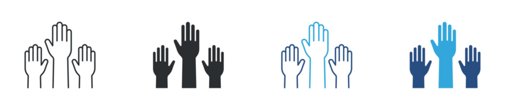 Raised hands icon set. multiple hands up. voting and participation concept. vector illustration.