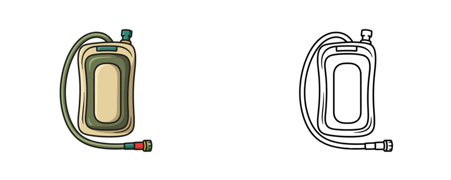 Hydration bladder illustrations in cartoon flat color and line art styles featuring a tactical water reservoir with drinking tube for hikers on white background