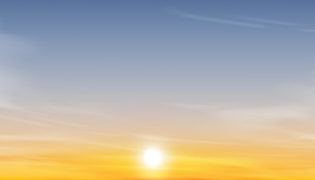 Sunset sky in winter background.Panoramic illustration realistic sunrise sky,clouds over sea beach for summer banner.Vector cartoon Nature spring landscape, soft gradient light for web banner design 