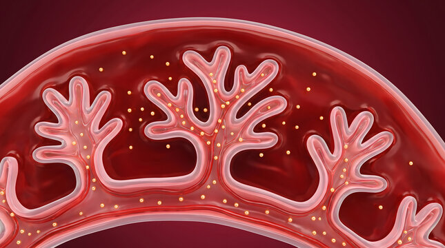 3D close up of intestinal villus with golden particle in deep red blood lumen showing nutrient absorption