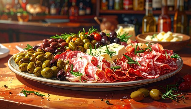 A beautifully arranged antipasto platter featuring cured meats, assorted olives, and fresh mozzarella cheese set on a rustic wooden table in a dimly lit restaurant dining atmosphere.