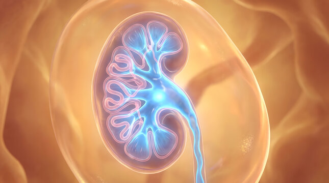 3D illustration of human kidney with blue glowing renal pelvis and collecting system in warm orange