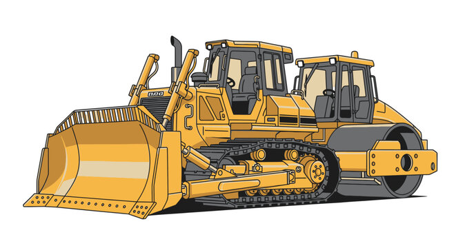 Yellow bulldozer and compactor illustration on white background