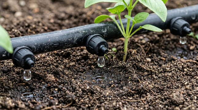 Emerging green sprouts in sunny nursery bed with efficient watering infrastructure