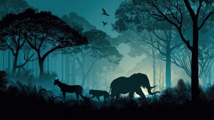 Obraz premium animal silhouette, night adventure background, jungle safari zoo banner, sales discount promotion