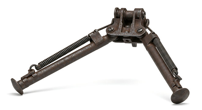 A vintage military bipod with adjustable legs isolated on a white background, showcasing its weathered metal construction