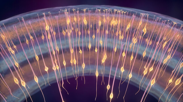 3D illustration of sperm cell inside seminiferous tubule showing tail and head in golden warm tone