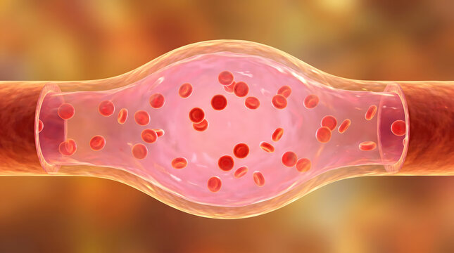 Red blood cell flowing through dilated blood vessel 3D medical anatomy illustration biology