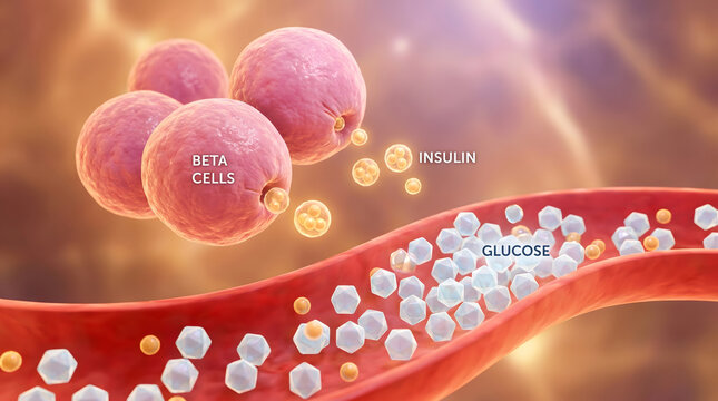 Beta cell releasing insulin glucose blood vessel 3D medical illustration pancreas diabetes biology