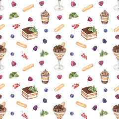 Seamless pattern of tiramisu desserts with berries, mint leaves, and ladyfinger biscuits. Watercolor hand-drawn illustration, food art. For home textile, kitchen decoration, baking paper, aprons © FlowersForBear