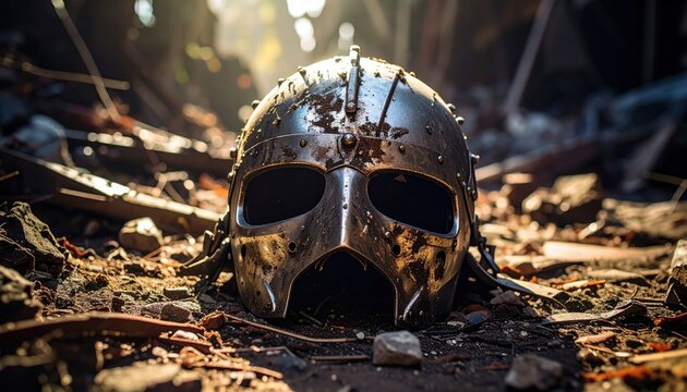 A heavily weathered and dented medieval iron helmet rests on the rugged ground after a battle, reflecting the harsh reality of historical combat and the resilient spirit of an ancient warrior.