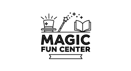 Obraz premium Black and white magic theme logo featuring a hat wand and open book