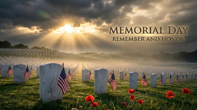 Memorial Day Cemetery Sunrise with American Flags and Poppies