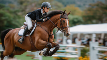 Obraz premium Rider jumps horse over obstacle in competition at an outdoor equestrian event in a park setting