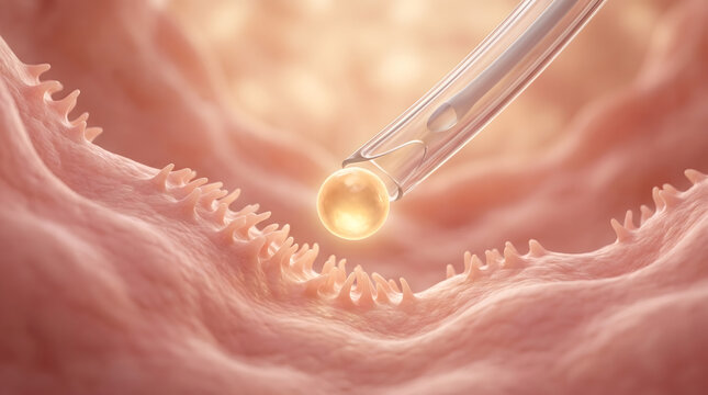 Medical catheter delivering egg cell into uterine cavity during IVF embryo transfer procedure