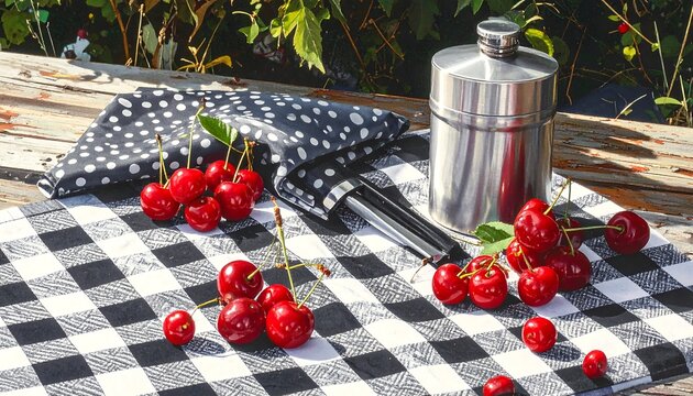 Fresh red cherries with stems on picnic blanket next to metal flask, outdoor table setting, summer picnic day. AI Generated