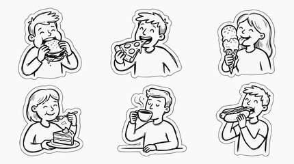 Fototapeta premium Hand Drawn Sticker Set of People Eating Fast Food, Snacks and Drinking Coffee, Black and White Vector Cartoon Characters