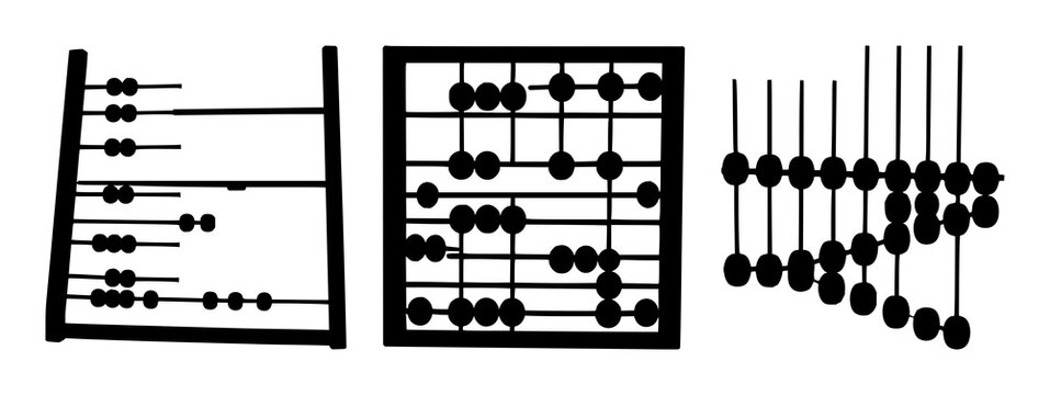 Abacus set with single black silhouette on white background featuring counting device, ancient tool, educational icon with line art and simple outline