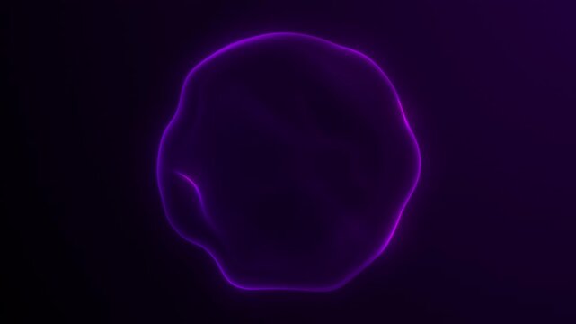 Purple neon blob shape in dark space. Abstract sphere form with soft fluid curve motion. Luminous glow outlining dynamic structure and energy field. Modern digital volume vibrant futuristic aura