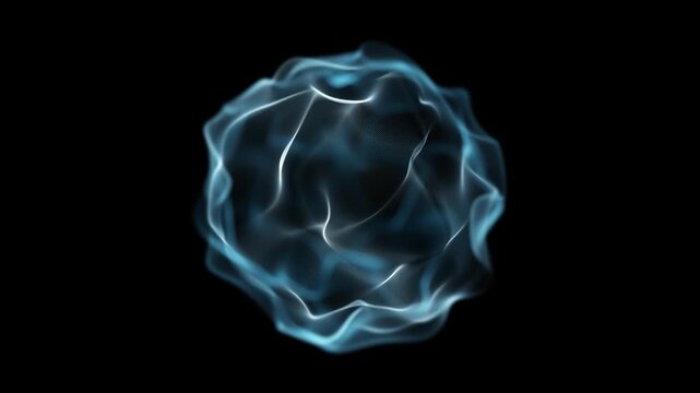 Cold blue organic blob sphere. Fine mesh wave surface with detailed ripple folds. Bright white highlights outlining fluid contours. Abstract energy form suspended in deep black space. Seamless loop
