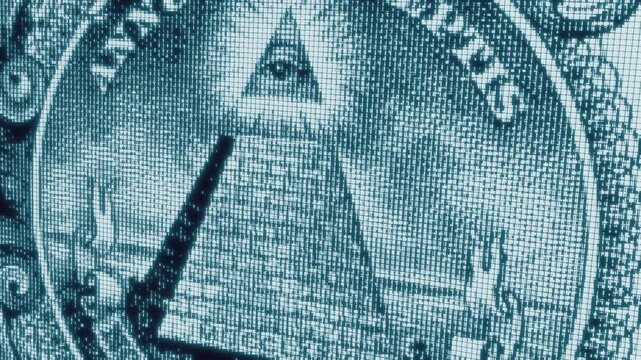 Digital Illuminati Eye Pyramid on 100 Dollars Bill Macro. Symbol of Secret Society, Global Power, Conspiracy, Masonic Sign, All Seeing Eye, Finance Control, Cyber Money, CBDC New World Order Concept
