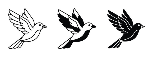 Obraz premium Minimalist flying bird vector icons, black and white pigeon or dove silhouettes, set of 3 stylized bird graphic elements for logo design