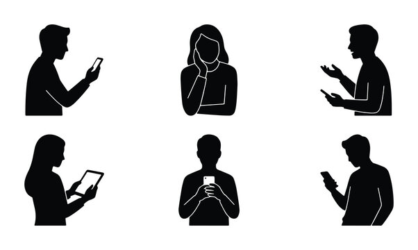 Minimalist black silhouette people using smartphones and tablets, set of 6 mobile device user icons, flat vector people using digital technology