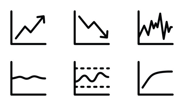 Minimalist business graph icons set, black line financial data charts, simple vector infographic elements for stock market analysis and growth reporting
