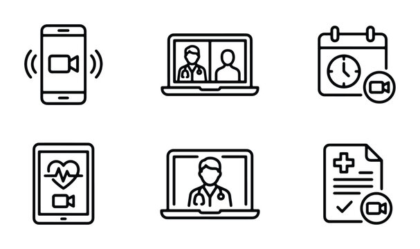 Telemedicine line icon set, virtual doctor consultation symbols, online healthcare and medical video call vector elements for mobile apps